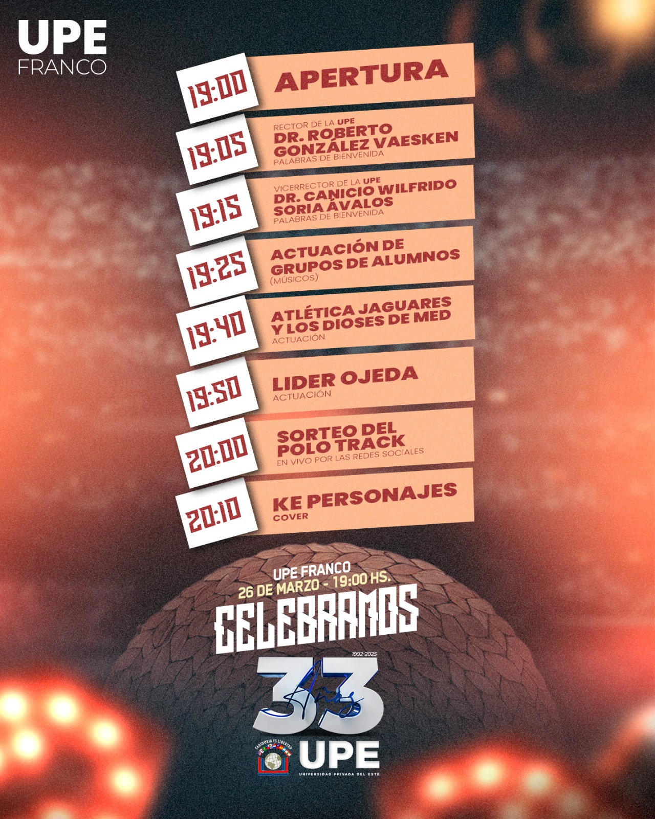 UPE Franco celebra 33 años con un gran evento y sorteo de un Polo Track 0km