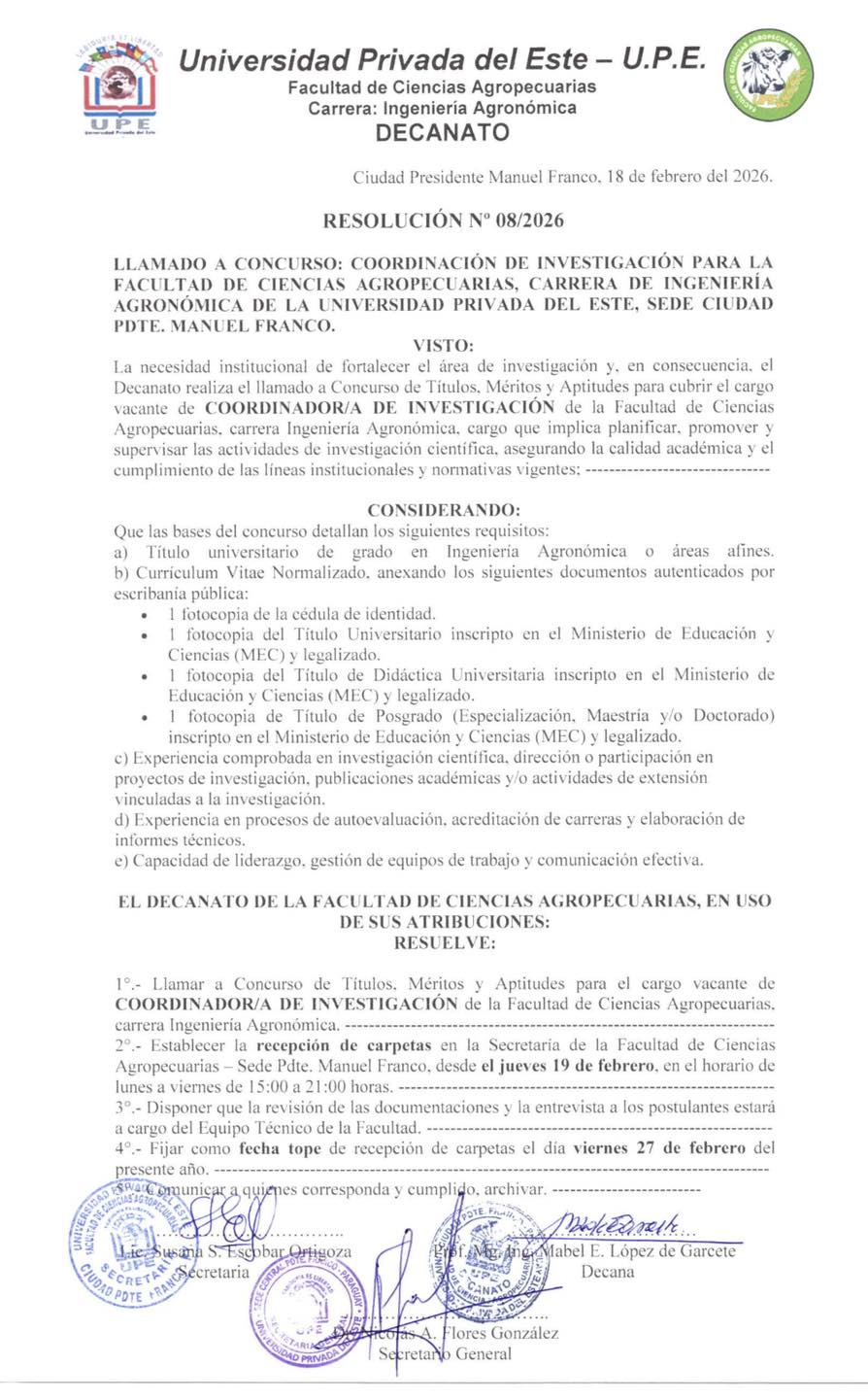 CONCURSO DE TITULOS MÉRITOS Y APTITUDES PARA EL CARGO DE COORDINADOR/A DE INVESTIGACIÓN: Ingeniería Agronómica