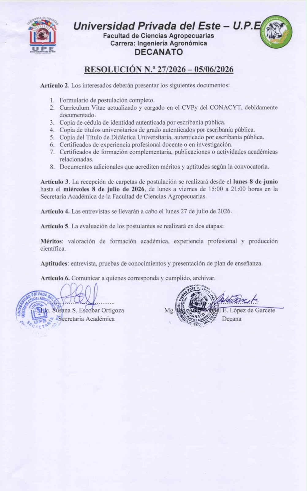 LLAMADO A CONCURSO DE MÉRITOS Y APTITUDES PARA DOCENTES DEL SEGUNDO SEMESTRE DE LA CARRERA DE INGENIERÍA AGRONÓMICA